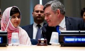 Malala Yousafzai at the UN with Gordon Brown, whose wife Sarah addressed UK pupils on Malala Day